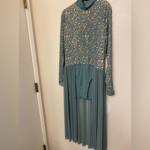 Weissman solo Dance costume custom sage green Laser Cut Floral Dress D11433 LA - Picture 2 of 10